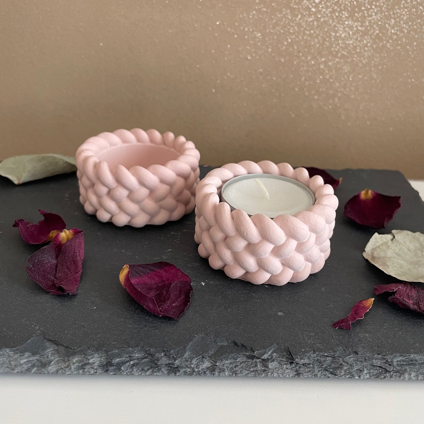 Teelichthalter 2-er Set Zopfmuster Kerzenhalter, Weiß oder Rosa, Elegante Tischdekoration