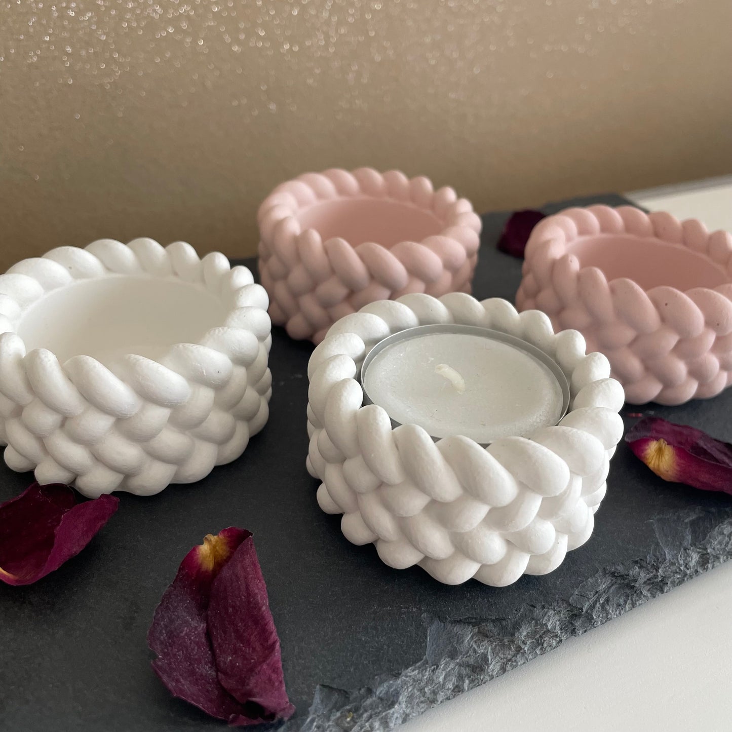 Teelichthalter 2-er Set Zopfmuster Kerzenhalter, Weiß oder Rosa, Elegante Tischdekoration