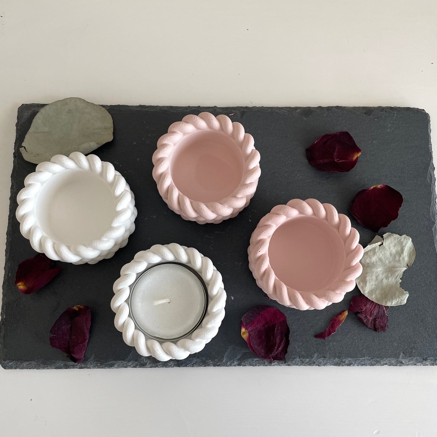 Teelichthalter 2-er Set Zopfmuster Kerzenhalter, Weiß oder Rosa, Elegante Tischdekoration